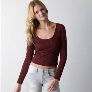American Eagle Maroon Long Sleeved Lace Cropped Top, Size S